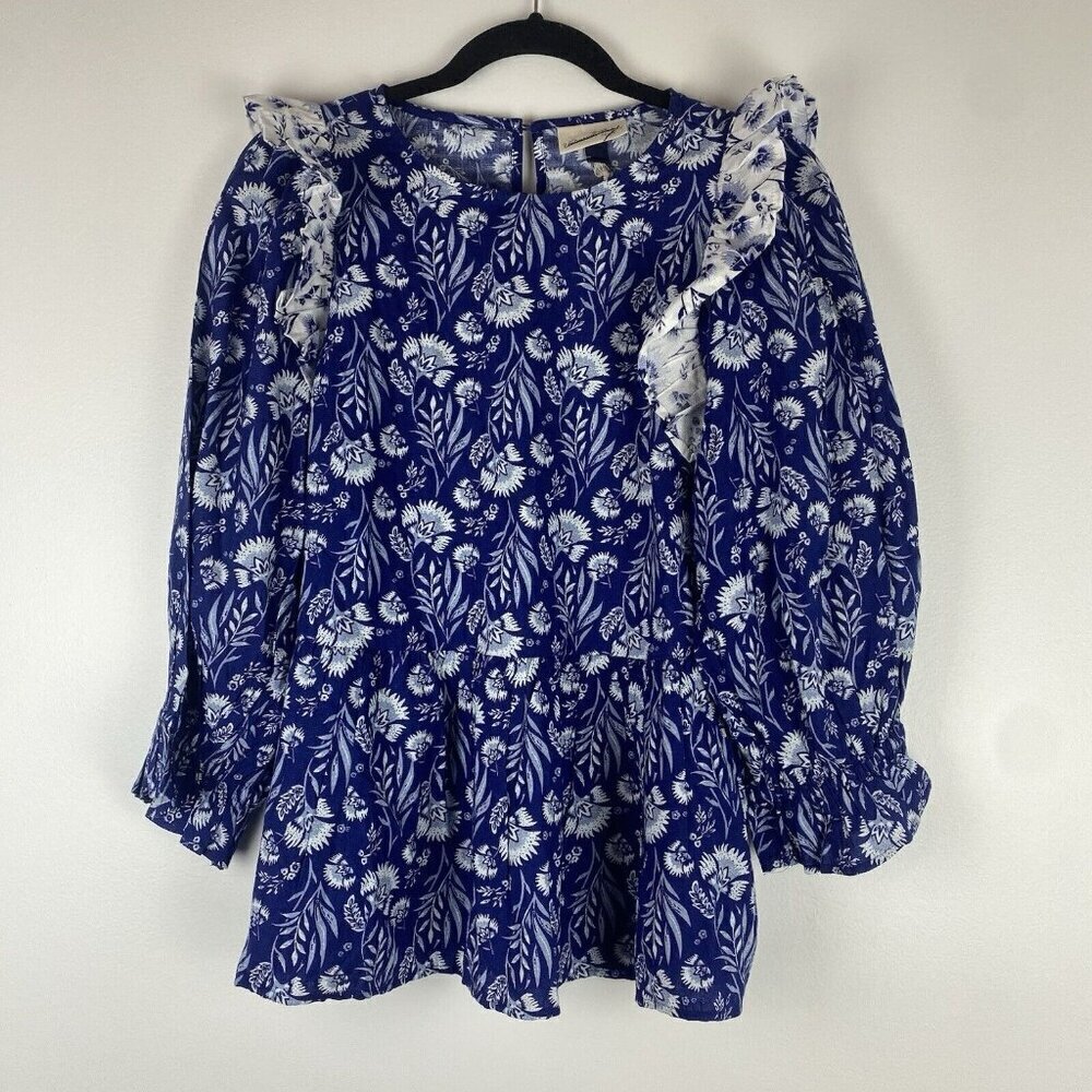 Universal Thread Women's Floral Puff Sleeve Peplum Blouse Size S NWT Blue White